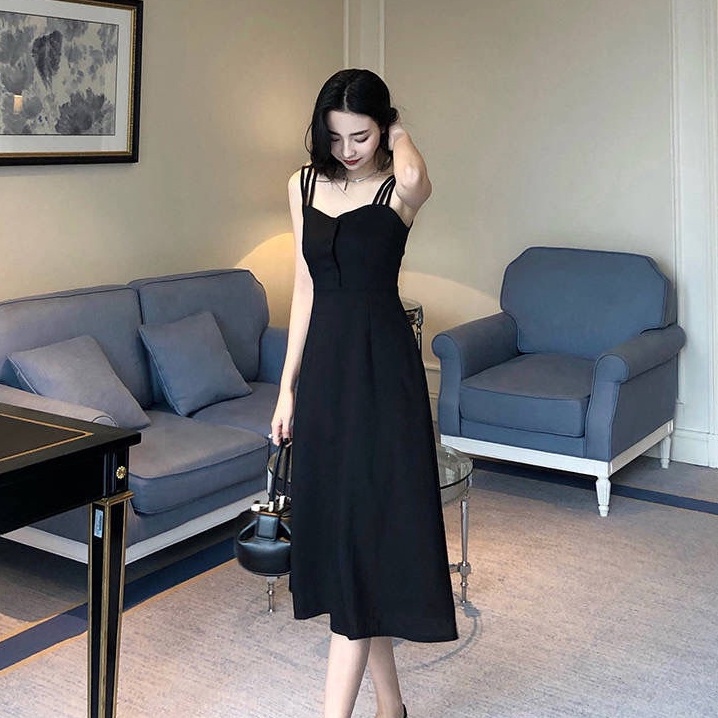 Đầm Hai Dây Dáng Dài Trễ Vai Màu Đen Thanh Lịch Quyến Rũ Cho Nữ