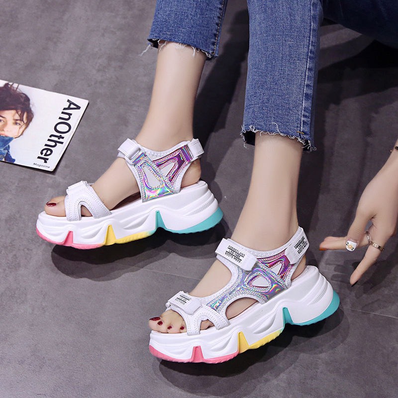 Giày sandal quai ngang đế cao ulzzang hình sóng phối màu