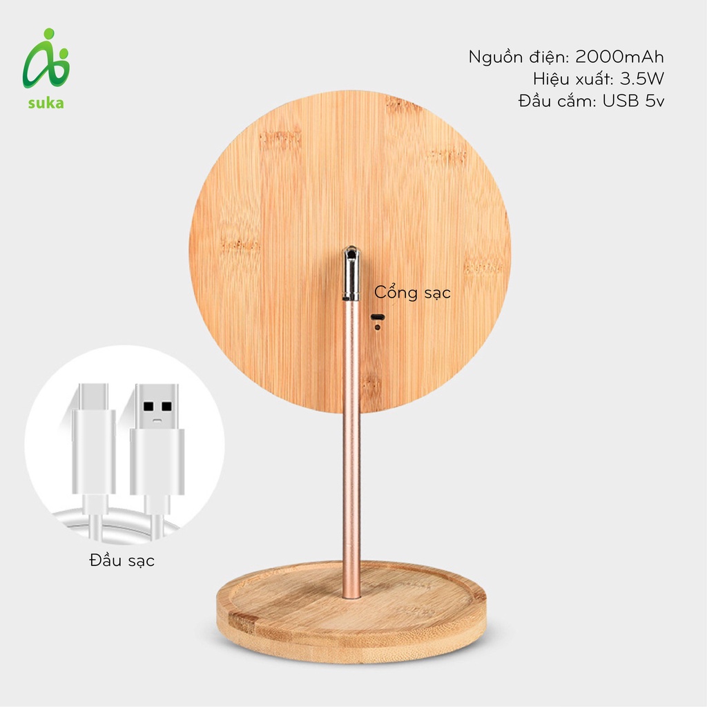 Gương gỗ trang điểm hình tròn, Gương soi có đèn LED phong cách Hàn Quốc hiện đại