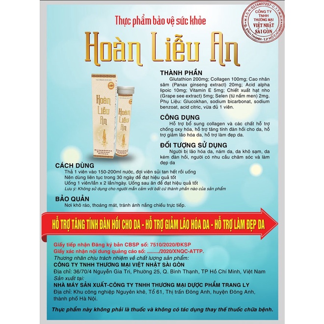 Viên uống collagen trắng da toàn thân Hoàn Liễu An, khử nám,tàn nhang giúp làn da trắng mịn tự nhiên lọ 20 viên