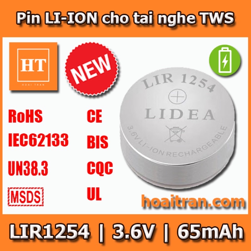 Pin Li-ion 3,6V 65mAh LIR1254 cho tai nghe Samsung galaxy Buds và các loại tai nghe Bluetooth TWS