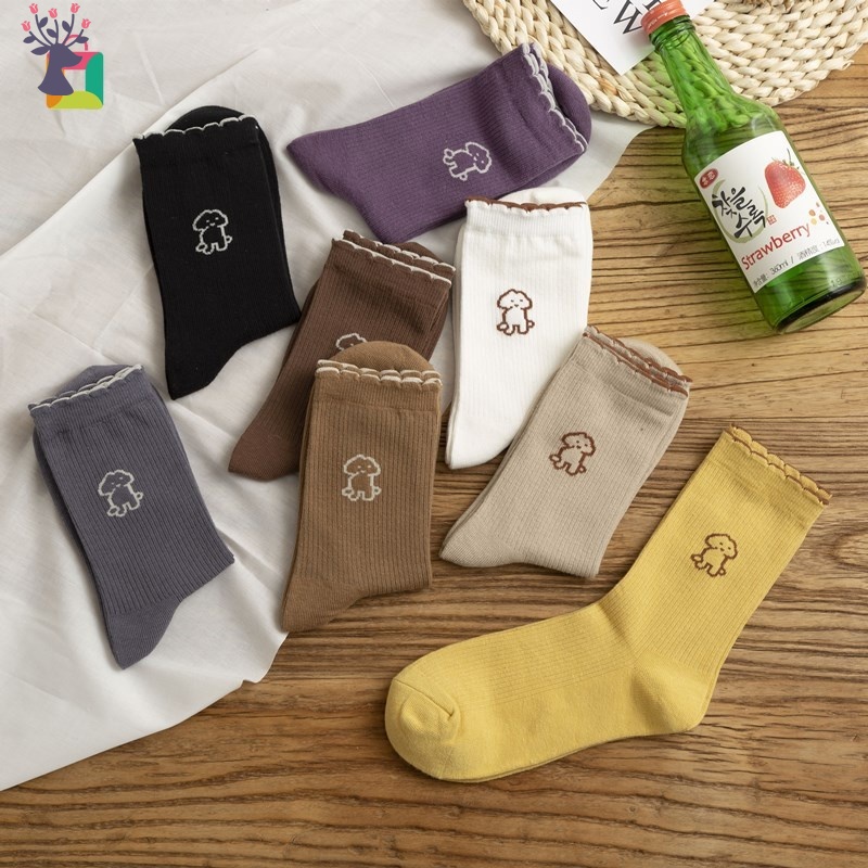 Đôi tất YIYUE YK cotton màu trơn in hình chú chó dễ thương cho nữ