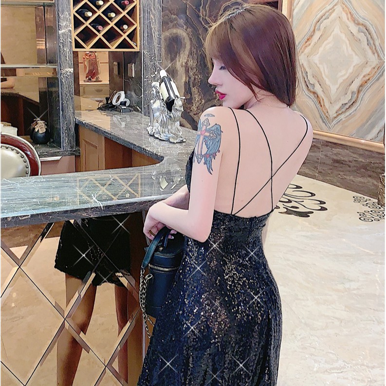 Đầm nữ dáng xòe kim tuyến 2 dây Emilyshop