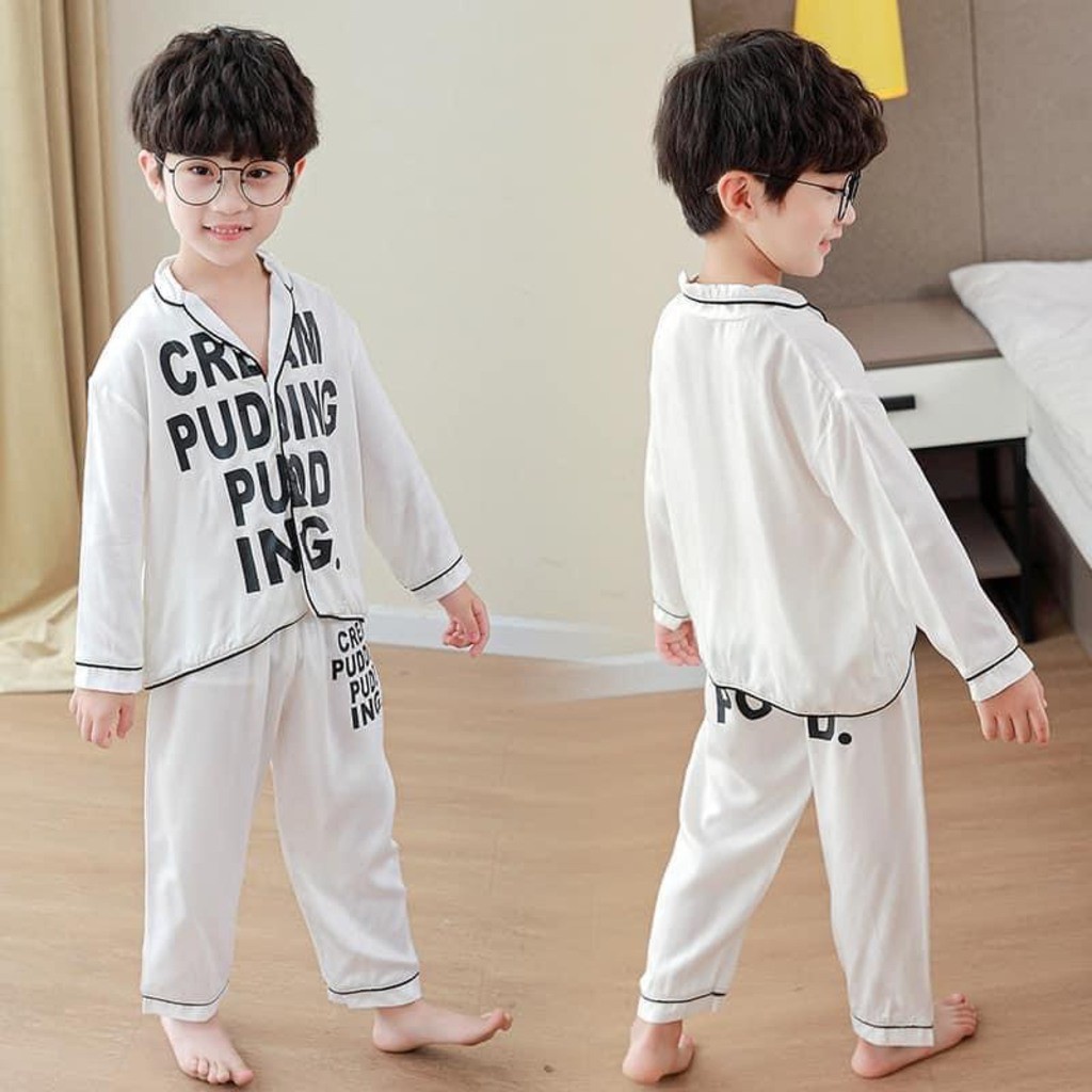 Bộ Pijama lụa dài tay in chữ cho bé từ 6-28Kg, Bộ đồ ngủ dài tay cho bé trai và bé gái mặc đều xinh TRANGSTORE