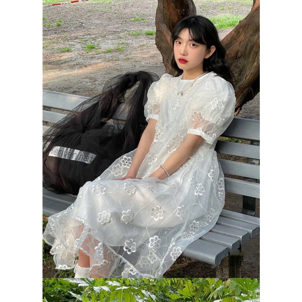 Đầm tay phồng cổ tròn phối lưới in hoa thời trang mùa hè mới dành cho nữ/ mang bầu 2021