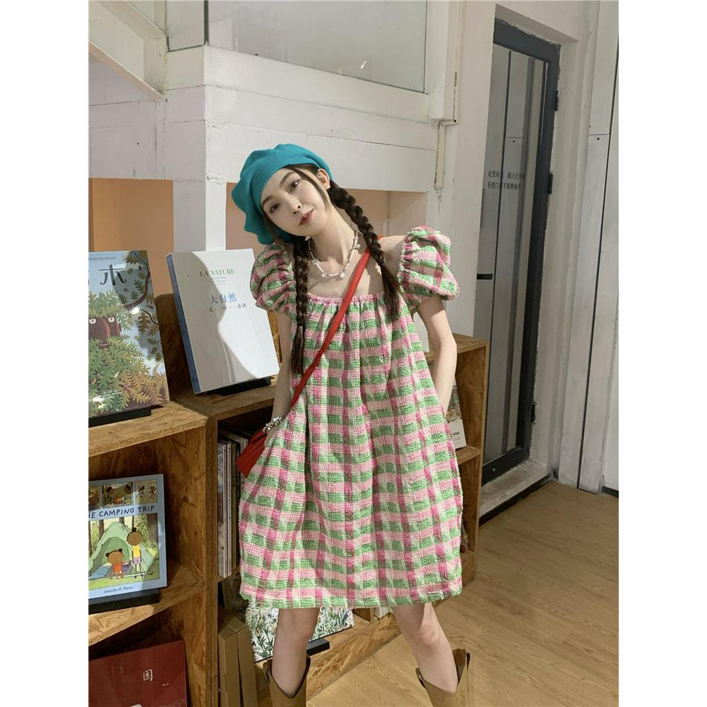 Đầm Tay Ngắn Cổ Vuông Họa Tiết Sọc Caro Phong Cách Hàn Quốc Thời Trang Cho Nữ
