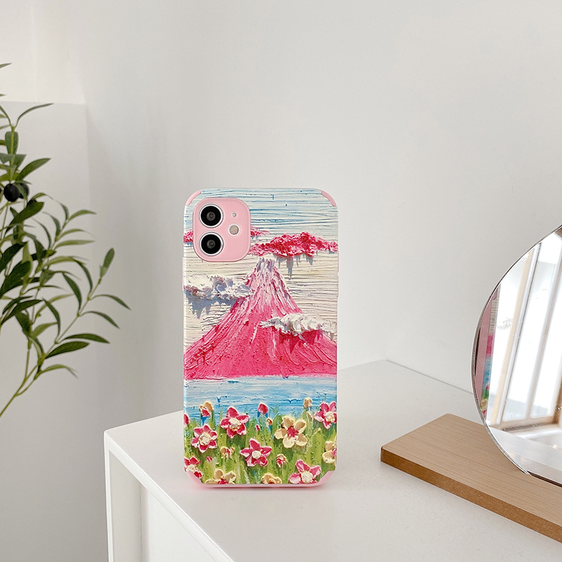 Soft Case For Xiaomi Mi 11 10 9 8 9T Pro Cute Pink Oil painting mountain Clouds Flowers