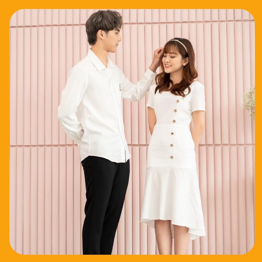 Đồ đôi nam nữ đẹp Set áo váy sơ mi Hàn Quốc dáng dài COUPLE STORE