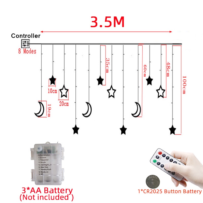 Dây Đèn LED 3.5M Hình Ngôi Sao/Mặt Trăng Điều Khiển Từ Xa Với 8 Chế Độ Sáng Dùng Để Trang Trí Nhà