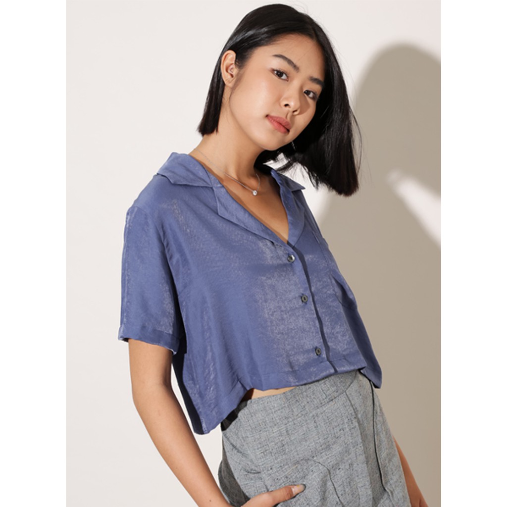 Áo sơ mi croptop ngắn tay thời trang GAGO basic plain danton collar croptop màu xanh dương GA3264