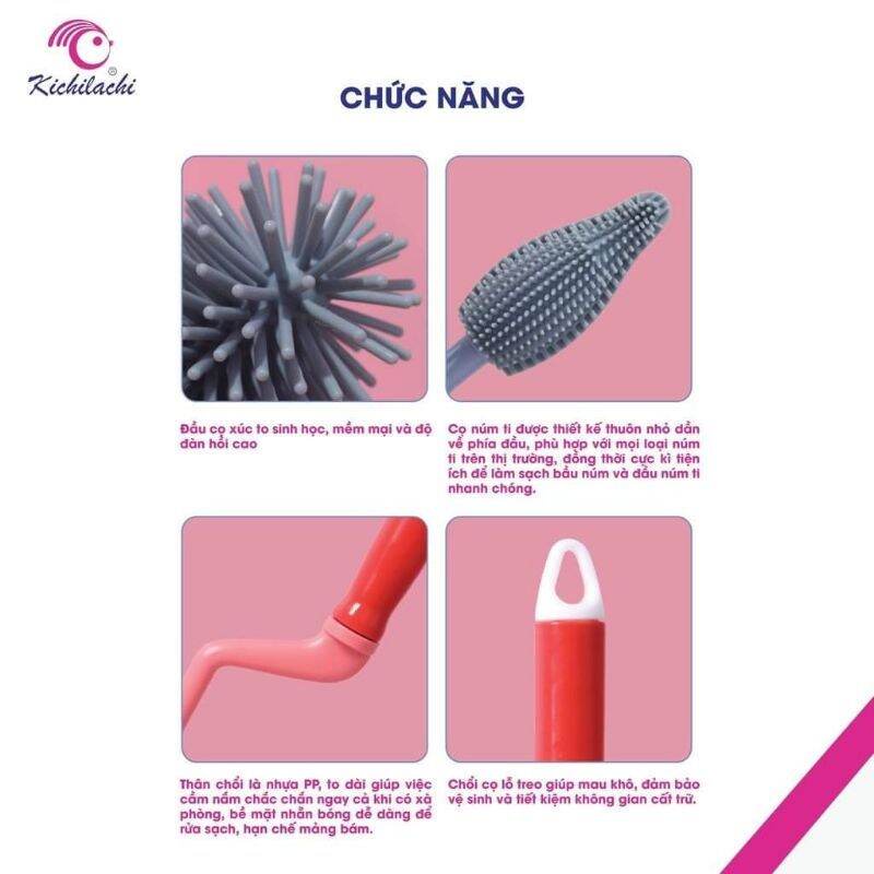 (Tặng Cọ Ống Hút) cọ rửa bình sữa núm ti SILICON 2 chi tiết kichi, siêu mềm cọ sạch bình sữa và núm ti