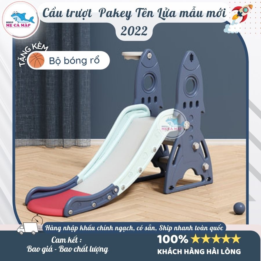 Cầu trượt cho bé PAKEY hình TênLửa TẶNG KÈM Bóng Rổ, cầu tuột cho bé nhựa nguyên sinh HDPE an toàn