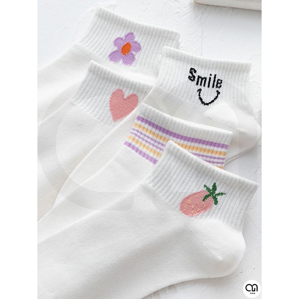 Tất Vớ Cổ Ngắn Nữ Tone Màu Trắng Họa Tiết Động Vật Dễ Thương Cute Thời Trang Đẹp Vải Cotton