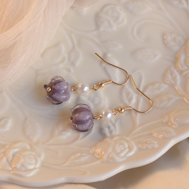 Khuyên Tai Hình Hoa Tím Đính Ngọc Trai Phong Cách Vintage Thanh Lịch