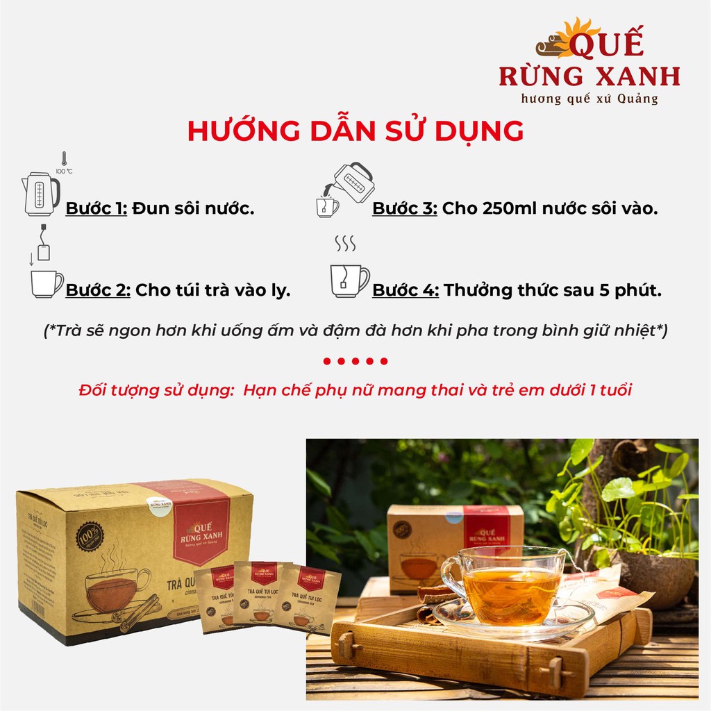 Trà quế thảo mộc Quế Rừng Xanh 100% từ quế và thảo dược giúp ấm cơ thể, ổn định đường huyết, hộp 15 túi lọc bằng bột bắp