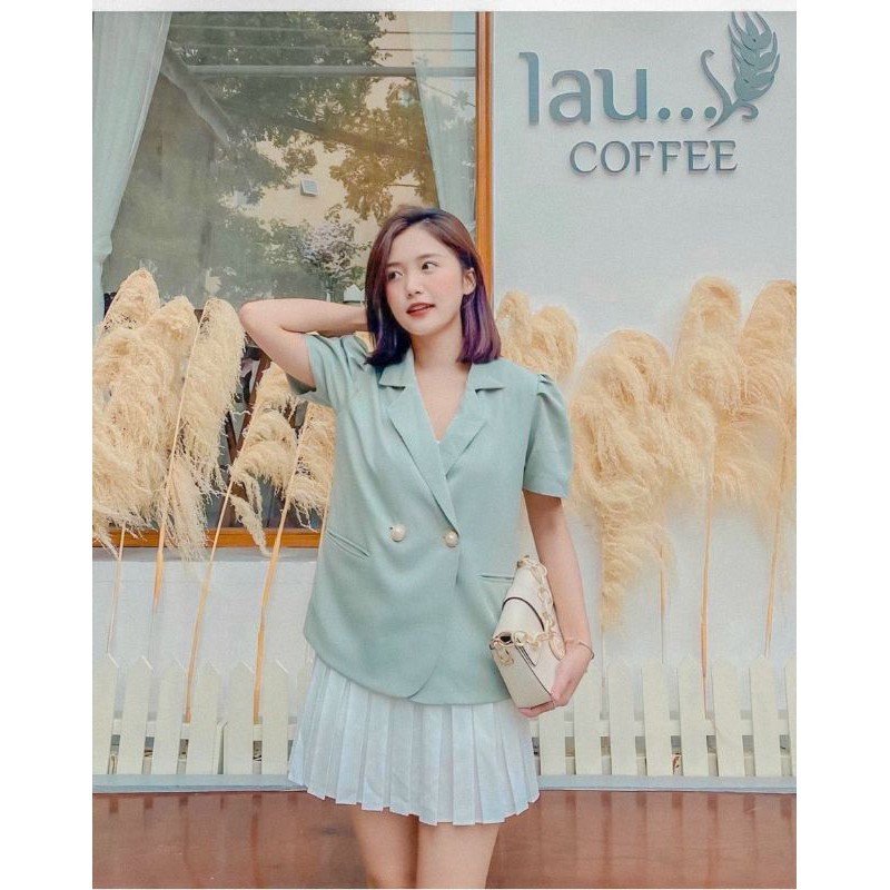 set vest tay ngắn + chân váy dập ly