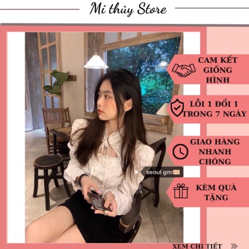 Áo kiểu sơ mi tiểu thư tay bồng khoét cổ trắng nữ sang chảnh đài các