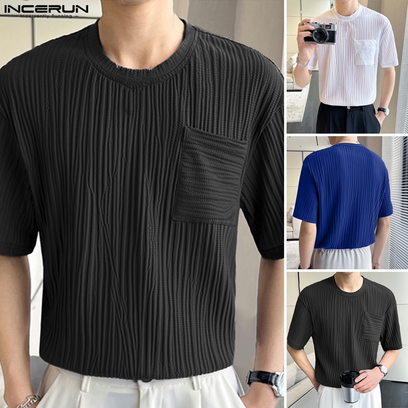 Áo thun INCERUN màu trơn mùa hè dáng rộng tay cộc có túi diềm xếp nếp cho nam