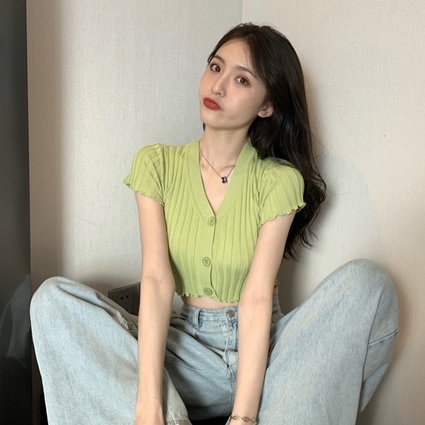 Áo croptop dệt kim nữ cổ V tay ngắn trẻ trung hàng Quảng Châu cao cấp