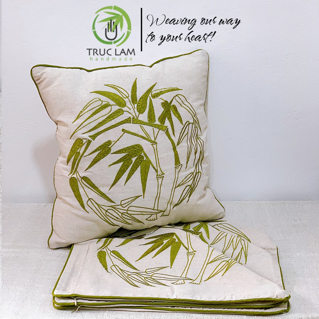 Gối/Vỏ Gối Vuông Tựa Lưng Sofa (45x45) Trang Trí Phòng  Vải Linen Thêu Thủ Công Hình Cành Tre - Trúc Lâm Handmade