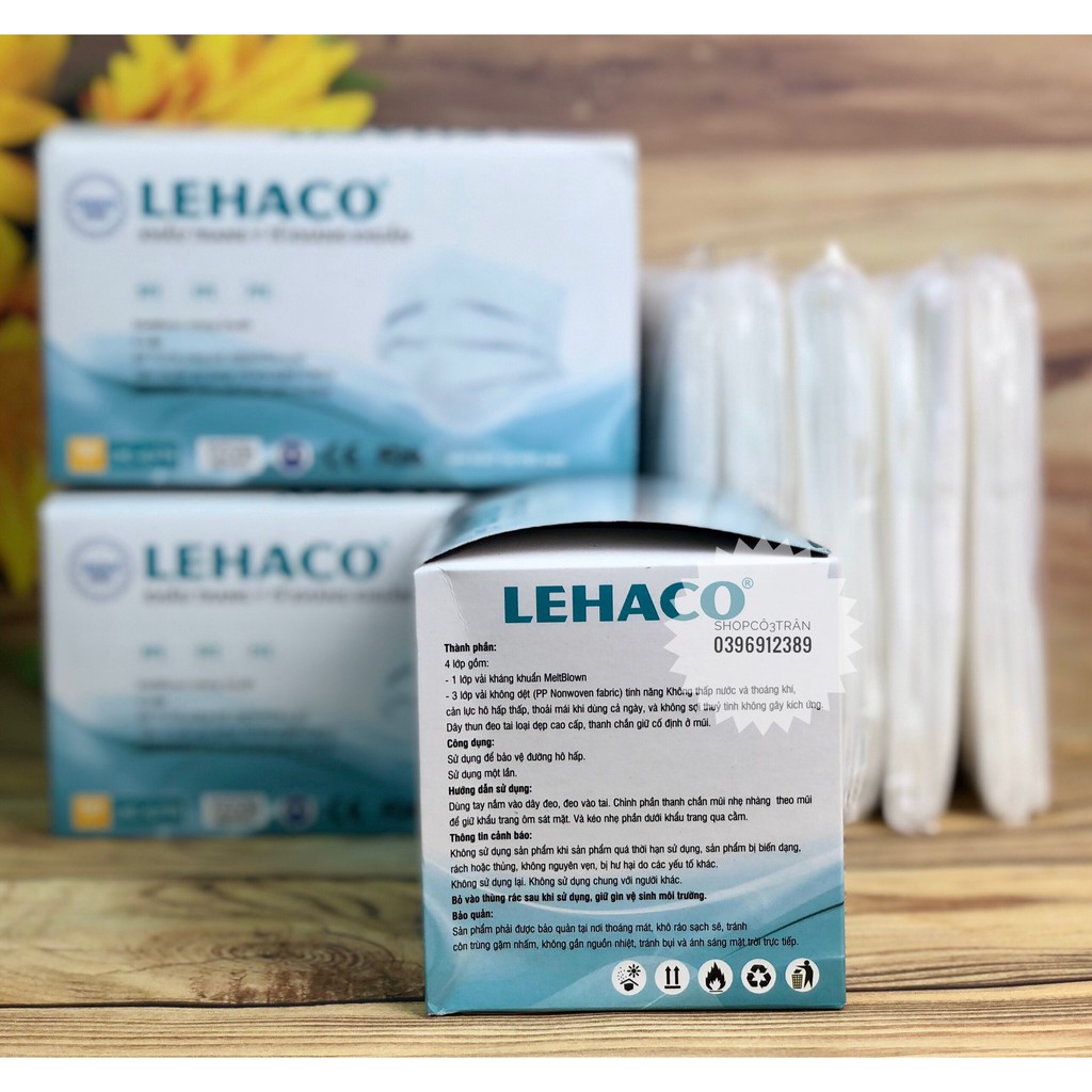 Khẩu Trang Kháng Khuẩn Màu TRẮNG 4 lớp 50 cái/ hộp - Khẩu Trang y tế Lehaco Kháng Khuẩn
