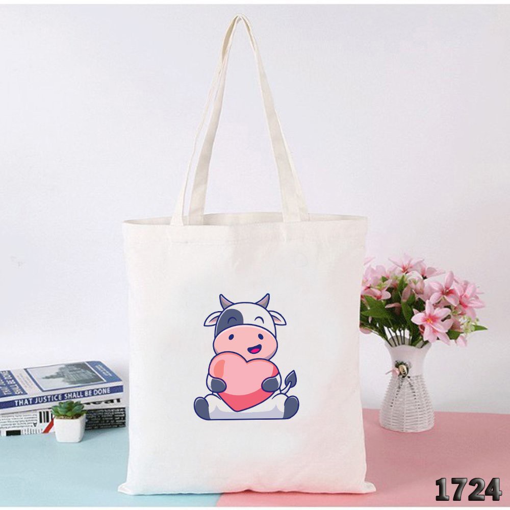 Túi Tote Trắng Vải Canvas Thời Trang Dạo Phố 1024 487 Bò Sữa Trái Tim Dễ Thương