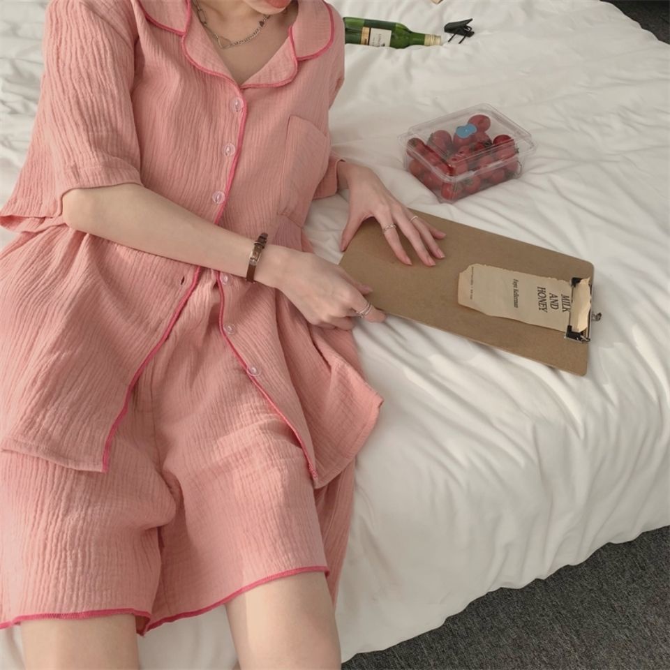 Bộ đồ ngủ 100% Cotton lanh mỏng thoải mái phong cách Hàn Quốc