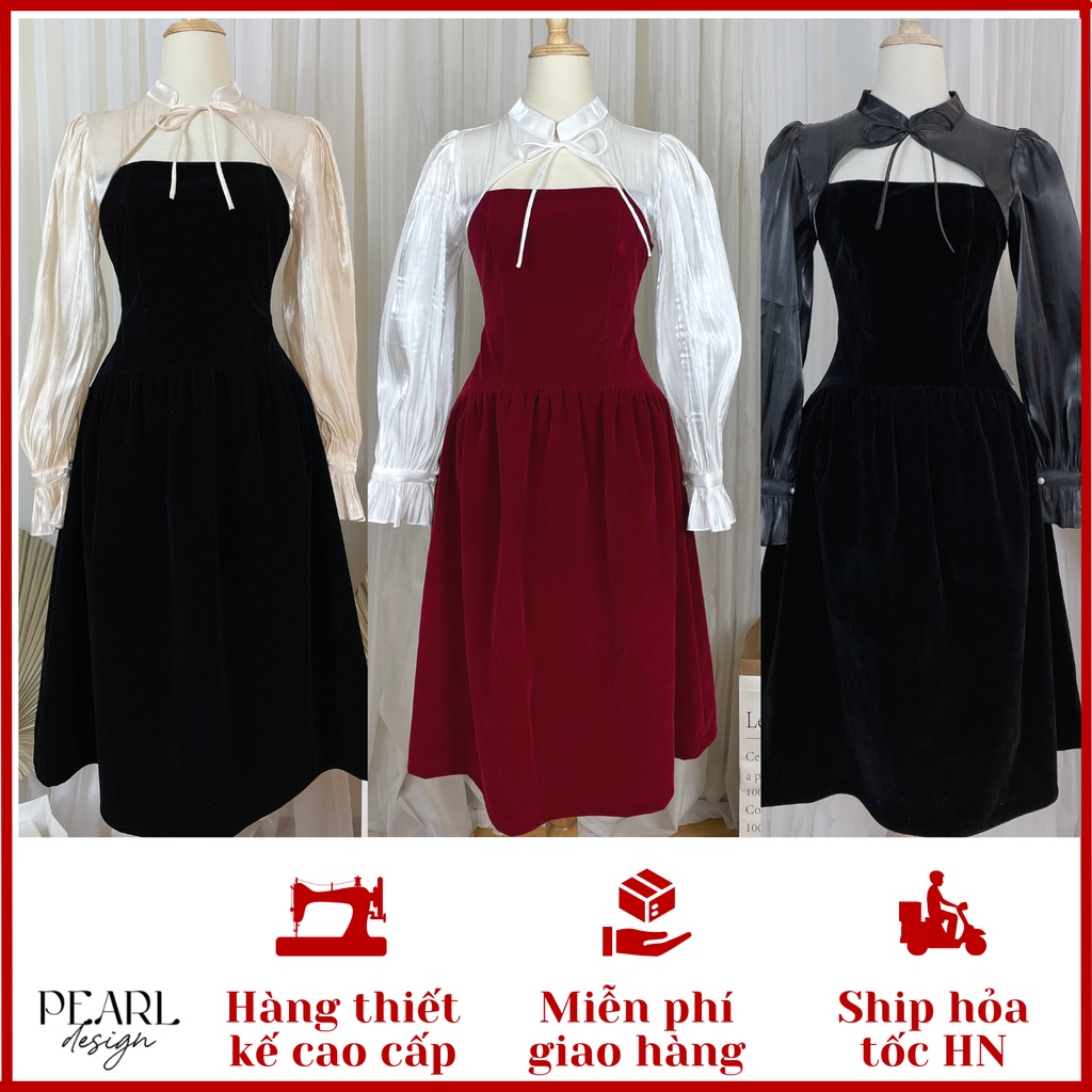 Đầm tiệc đám cưới đẹp nhung cao cấp chiết eo tay bồng tiểu thư Pearl Design 112102