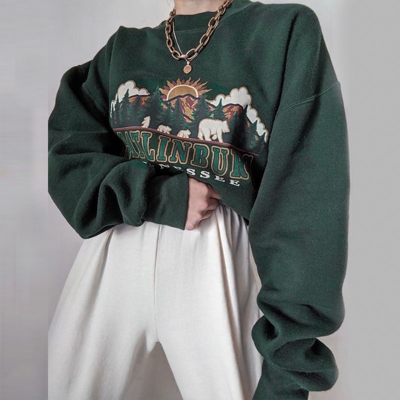 Áo sweater kiểu chui đầu dáng rộng mỏng in hình thời trang xuân thu phong cách Retro