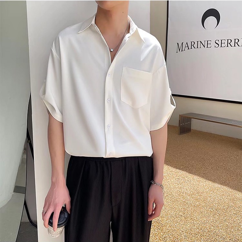 Áo Sơ Mi Tay Ngắn Chất Lụa Lạnh Ba Lớp Phong Cách Hàn Quốc Thời Trang Mùa Hè Cho Nam 3 Màu Tùy Chọn M-2XL