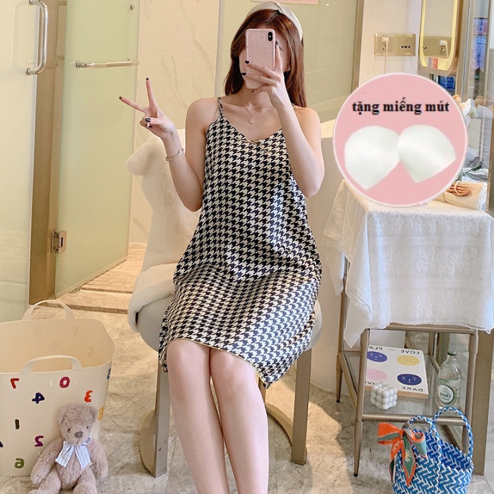 Váy ngủ 2 dây đầm ngủ hai dây lụa bigsize có đệm ngực cute mềm mát mặc nhà mùa hè dễ thương giá rẻ TOZZO V2D02