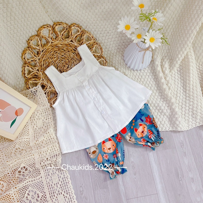 [SET BÉ GÁI] Bộ áo sát nách cổ vuông bánh bèo cho bé gái