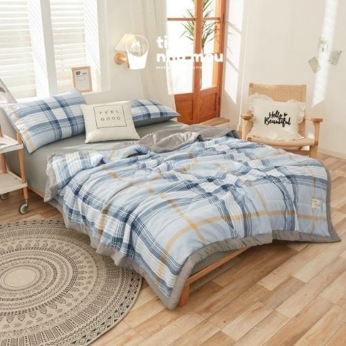 ( Ảnh Thật - Kèm Chăn Hè Mới ) Set Chăn Ga Gối Cottton Tici - Cotton Basic Vintage Caro Cao Cấp Full Size - Màu