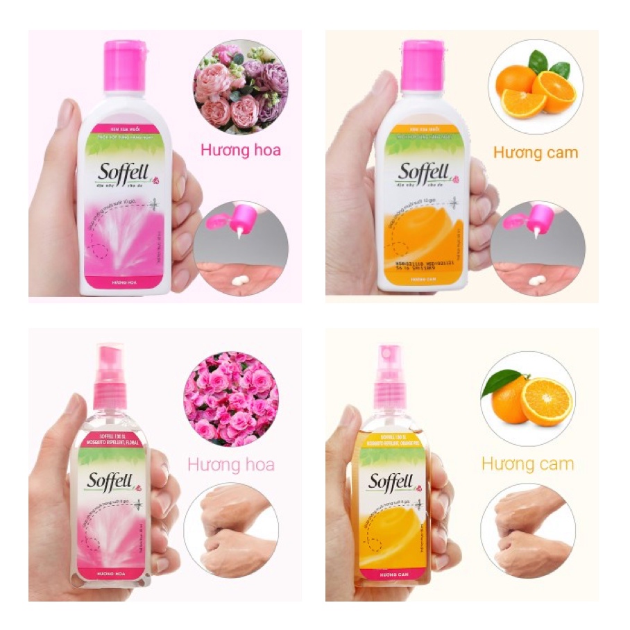 Kem bôi / Xịt chống muỗi Soffell - Xua đuổi muỗi, ngăn muỗi đốt 8-10 giờ (Hương cam / Hương hoa) [sofell, soffel, sofel]