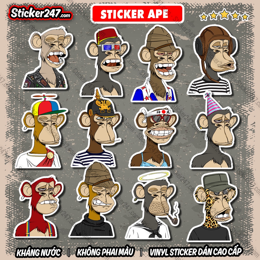 Sticker Ape NFT 𝑭𝒓𝒆𝒆𝒔𝒉𝒊𝒑 Sticker Meme Chống Nước, Decal Dán Mũ Bảo Hiểm, Vali, Đàn, Laptop, Điện Thoại - Cắt Sẵn