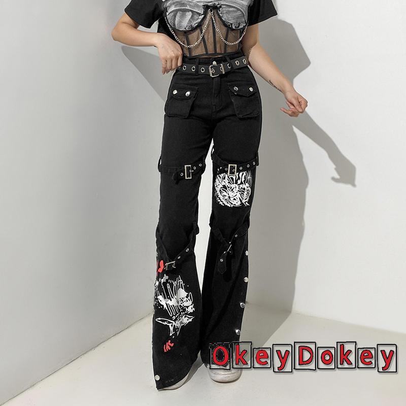 OKDK-y2k Women High Waist Jeans with Metal Buckle Belt Lengthened Style Street Dark Spring Clothing