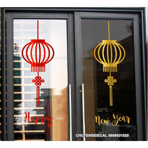 Decal trang trí Tết - Lồng Đèn Vàng Nhũ sắc nét ( ĐỎ - VÀNG NHŨ )