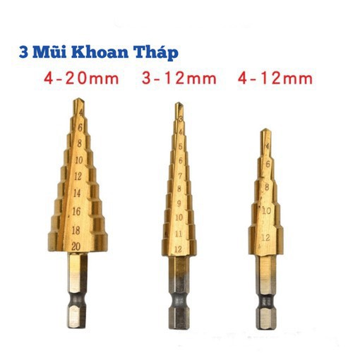 Bộ 3 Mũi khoan tháp thẳng HSS Titan 3-12mm 4-12mm 4-20mm khoan nhôm sắt nhựa