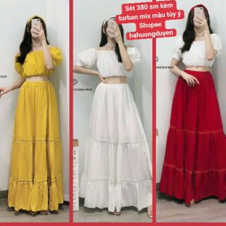 Sẵn mix tùy ý sét áo trễ vai chân váy xòe boho đi biển  kèm turban