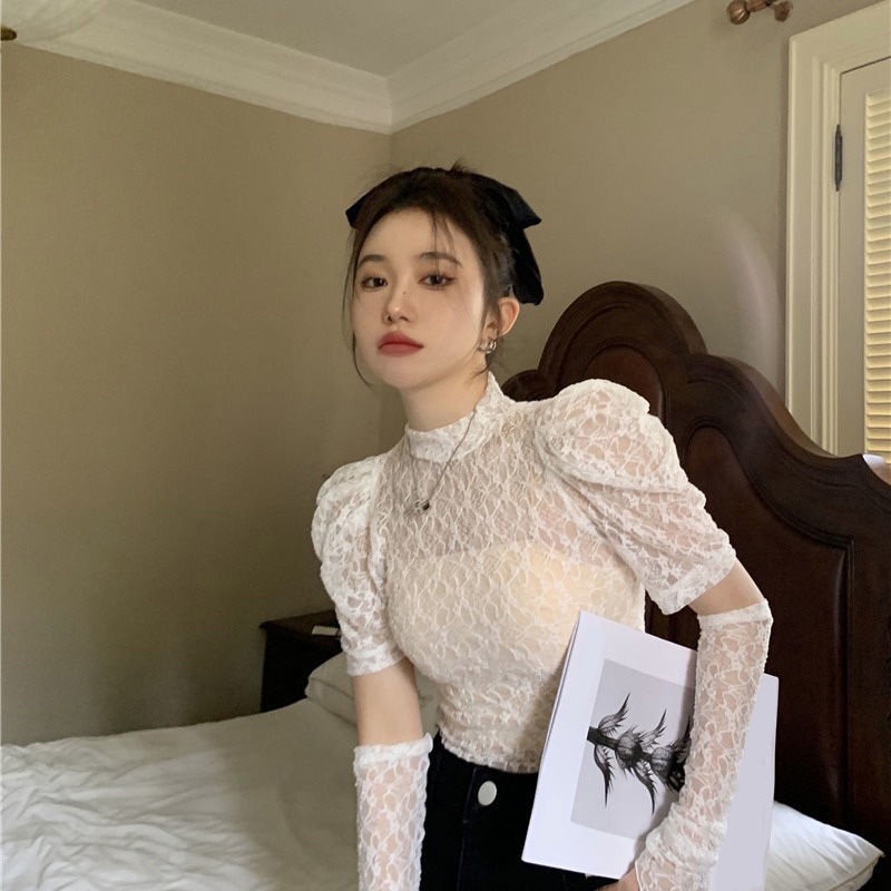 Cổ Phiếu Sẵn Sàng❤Ah F &amp; X Áo Sơ Mi Voan Mỏng Tay Phồng Cổ Tròn Phối Ren Phong Cách Pháp Thời Trang Mùa Hè Cho Nữ