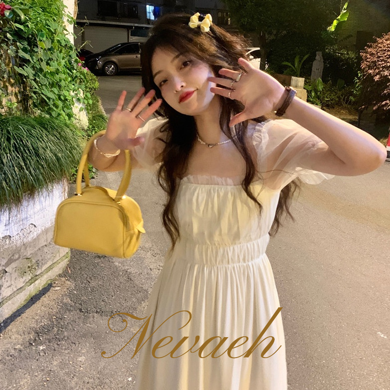 Đầm Cổ Vuông Phối Lưới Kiểu Hàn Quốc Thiết Kế Ngọt Ngào Cho Nữ