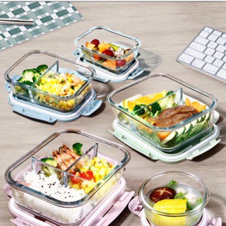 { Hộp cơm văn phòng tự chọn 2 - 3 ngăn} Hộp đựng thức ăn, thực phẩm thủy tinh cao cấp chia ngăn(Có Nắp)