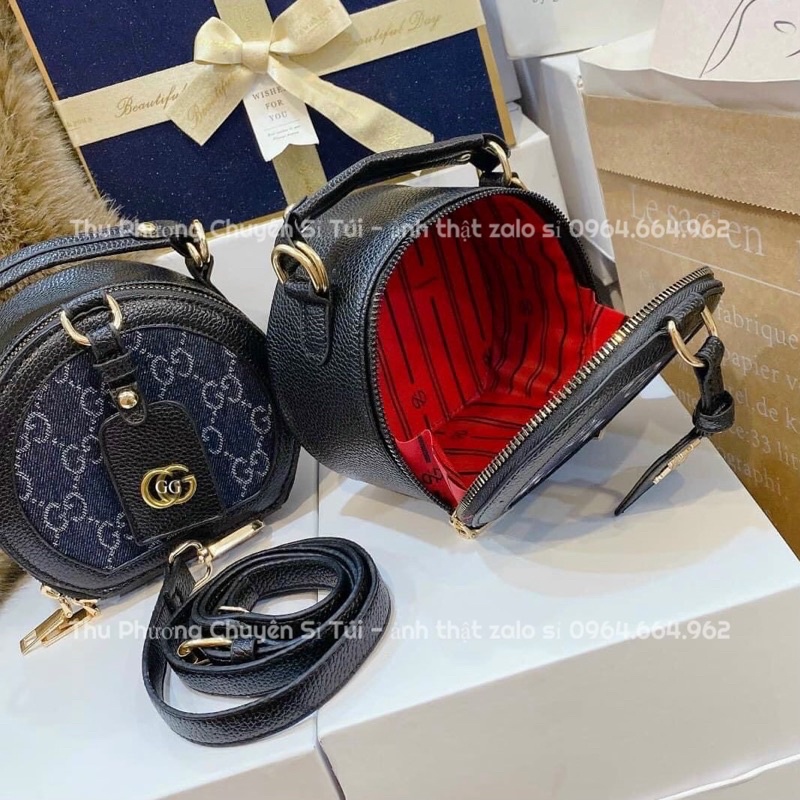 Cốp mini tròn l.v - g.g size 15 chất da cao cấp kèm dây đeo chéo (ảnh thật shop chụp)
