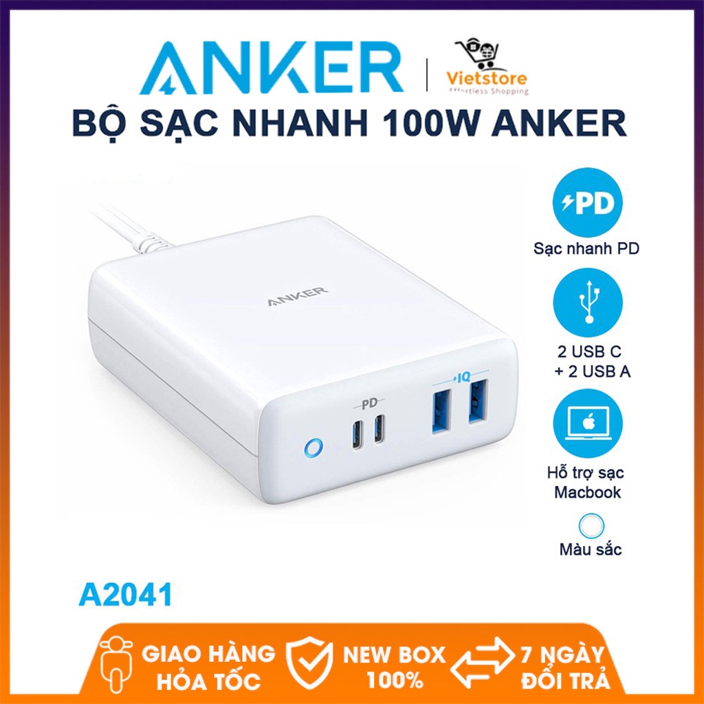 Củ sạc Anker A2041 PowerPort Atom PD 4 USB-C Charger 100W 4-Port Type-C cho i.P, iI.Pad, Macb00k