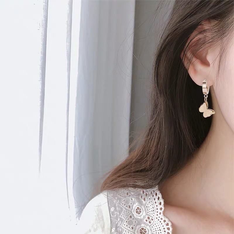 Khuyên Tai Hình Bướm Hai Lớp Mạ Vàng Hồng 18K Bằng Thép Không Gỉ Mạ Vàng Hồng Phong Cách Nhật Hàn Nhật Bản