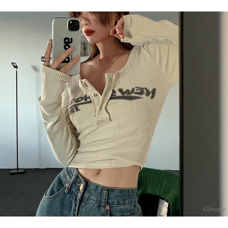 Áo Crop Top Dệt Kim Dài Tay In Chữ Y2k Thời Trang