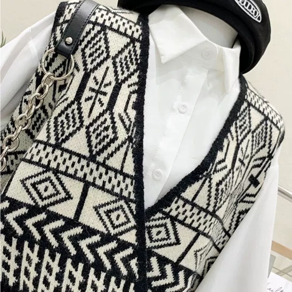 Áo Gile Áo Len Gile Knitted Vest Women's New Loose Retro Contrast Plaid Sleeveless V-neck Jacket