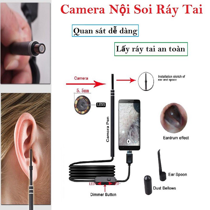 Camera nội soi lấy ráy tai có đèn LED hỗ trợ kết nối USB với điện thoại thông minh