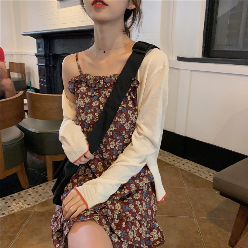 (ORDER) Váy hai dây hoa màu retro xòe A-line+ Áo cardigan len dệt kim mỏng style Hàn Quốc mùa hè (hàng_mới_về)