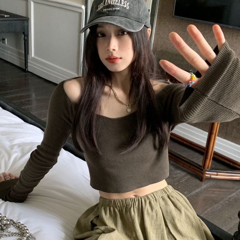 Áo thun COZOKC tay dài trễ vai dáng ngắn thời trang trẻ trung